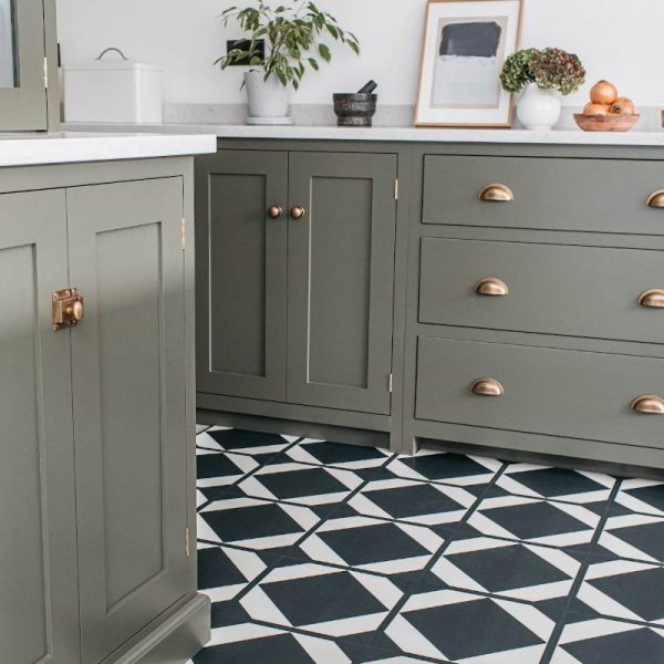 Chic kitchen decor highlighted by monochrome vinyl tiles