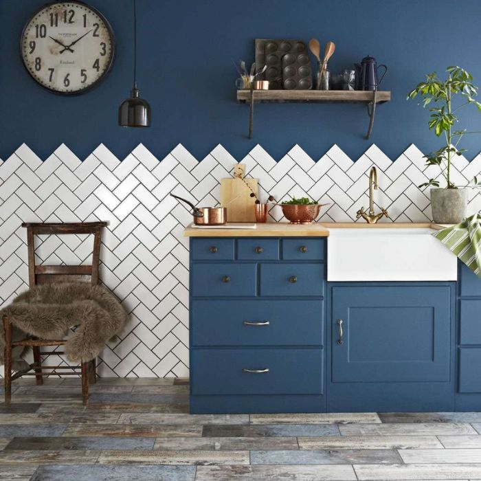 Blue and white kitchen design with herringbone tile pattern