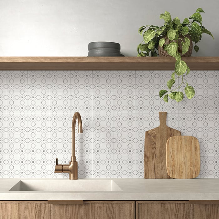 Kitchen with an elegant white tiles and wooden cabinets