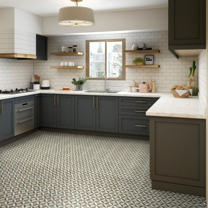 Minimalist kitchen with chic yellow modernist vinyl tiles