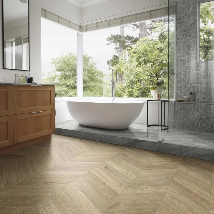 Wood-themed bathroom with luxurious bathtub