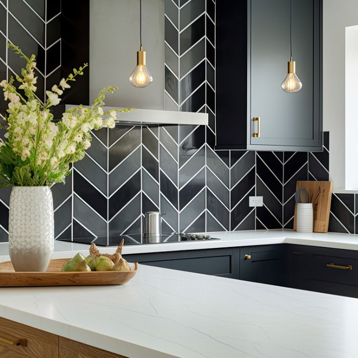 Trendy black and white chevron kitchen design