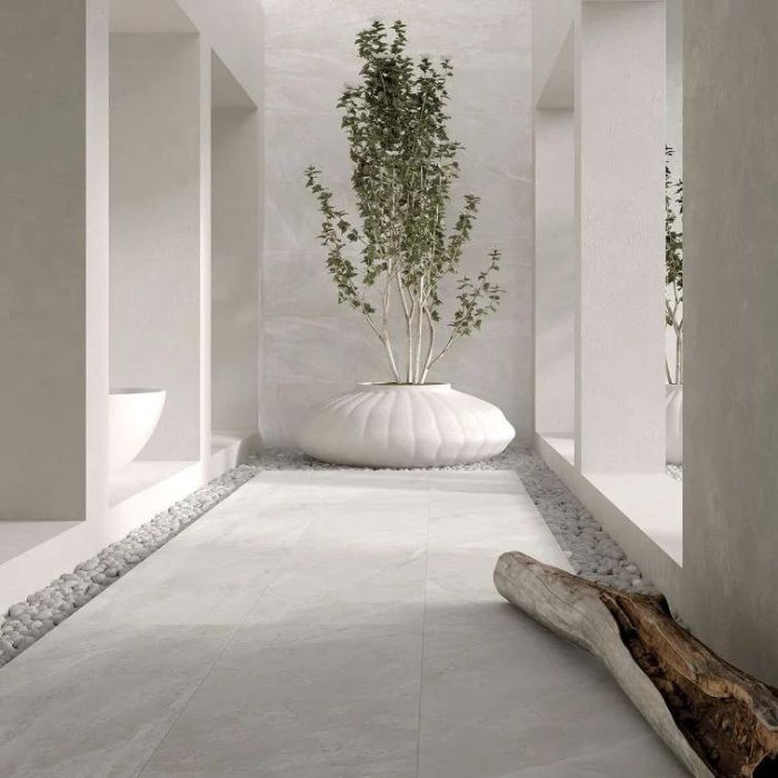 Tranquil pathway with lush plant in centre on white tiles