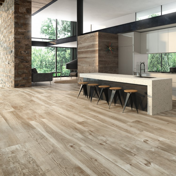 Contemporary kitchen space with wood tile flooring and a trendy bar setup