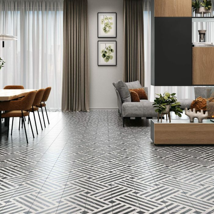 Chic modern living room with striking black and white tiled floor