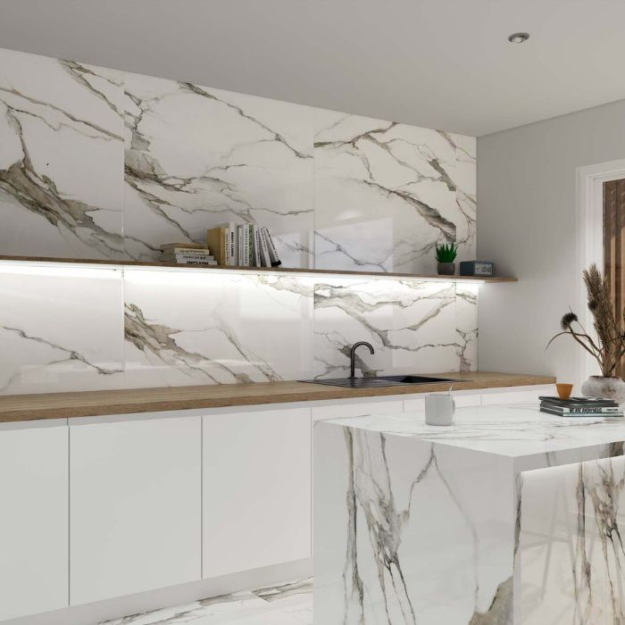 Elegant kitchen interior with luxurious marble wall tiles