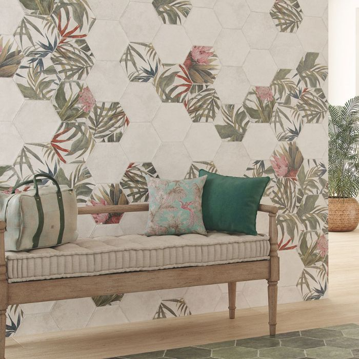 A comfortable living space showcasing a bench and beautiful floral hexagon wall tile design