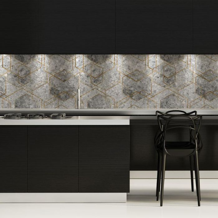 Minimalistic black and white kitchen with elegant patterned marble