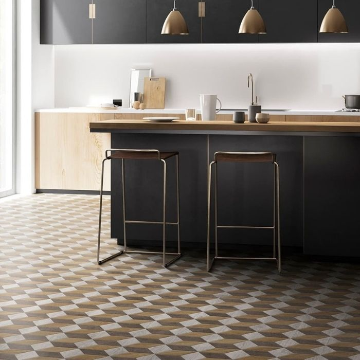 Modern black and white kitchen showcasing a patterned floor design 