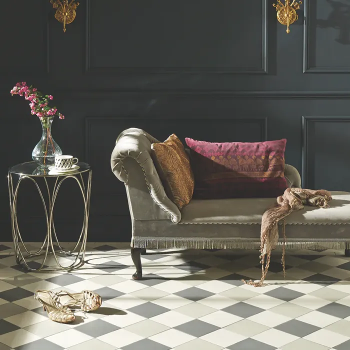 Lounge room highlighting a striking black and white checkered floor