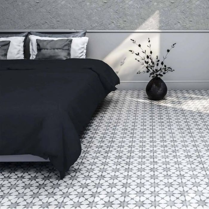 Bedroom interior in black and white with floor tiles