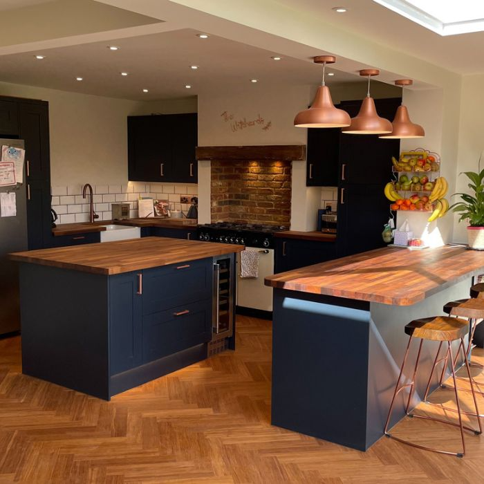 A contemporary kitchen setting with bamboo floor tiles