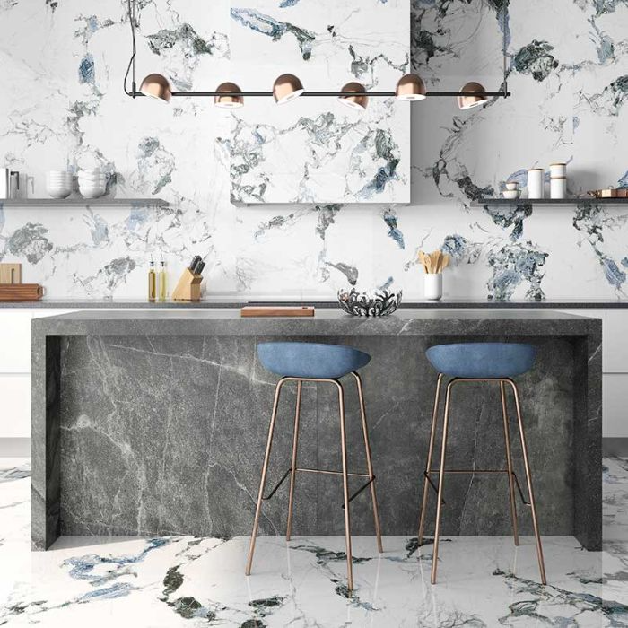 Stylish kitchen decor with luxurious marble accents and trendy bar stools