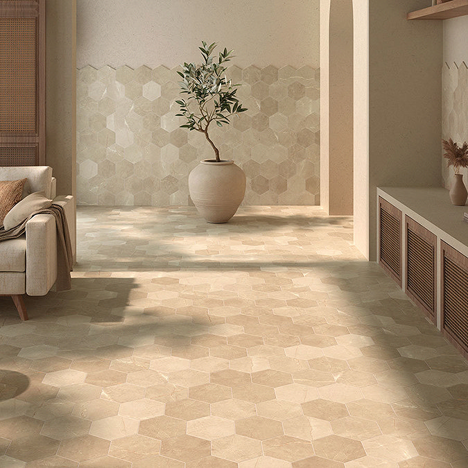 Elegant living space showcasing a neutral tile floor complemented by geometric wall tiles