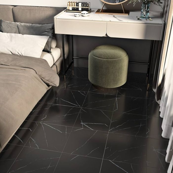 Stylish black and white bedroom with elegant vinyl floor