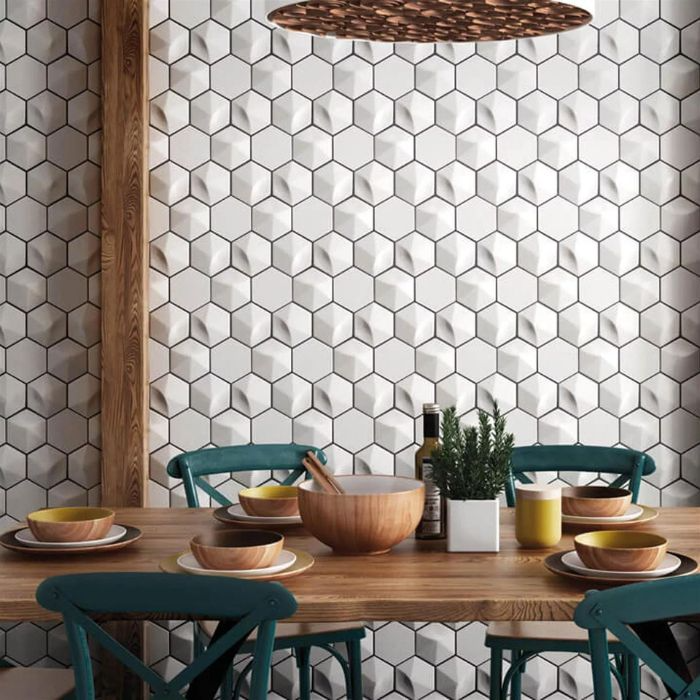 Elegant wooden dining set set against a backdrop of hexagon wall tiles