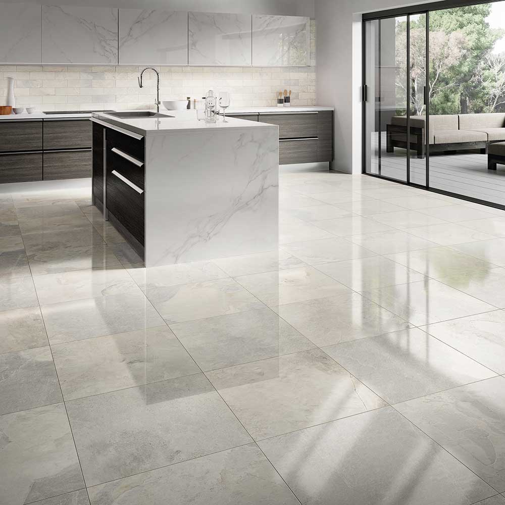 White marble-effect porcelain flooring in contemporary kitchen design