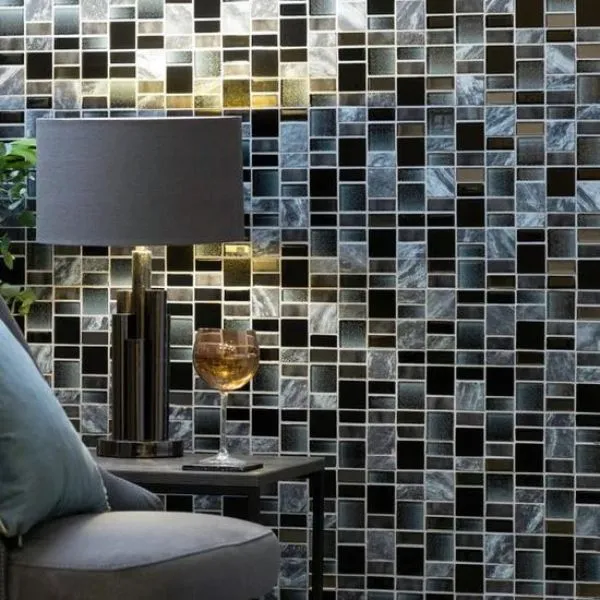 Elegant living room wall with black and grey mosaic tiles