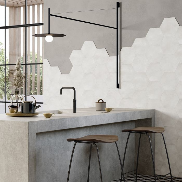 White kitchen with modern hexagon tile flooring, minimalist design