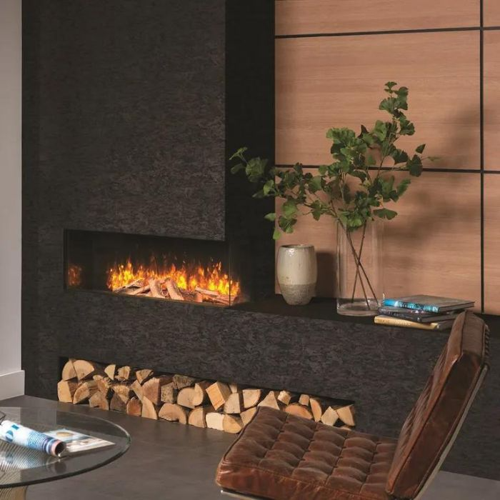 Modern electric fireplace with dark tiles