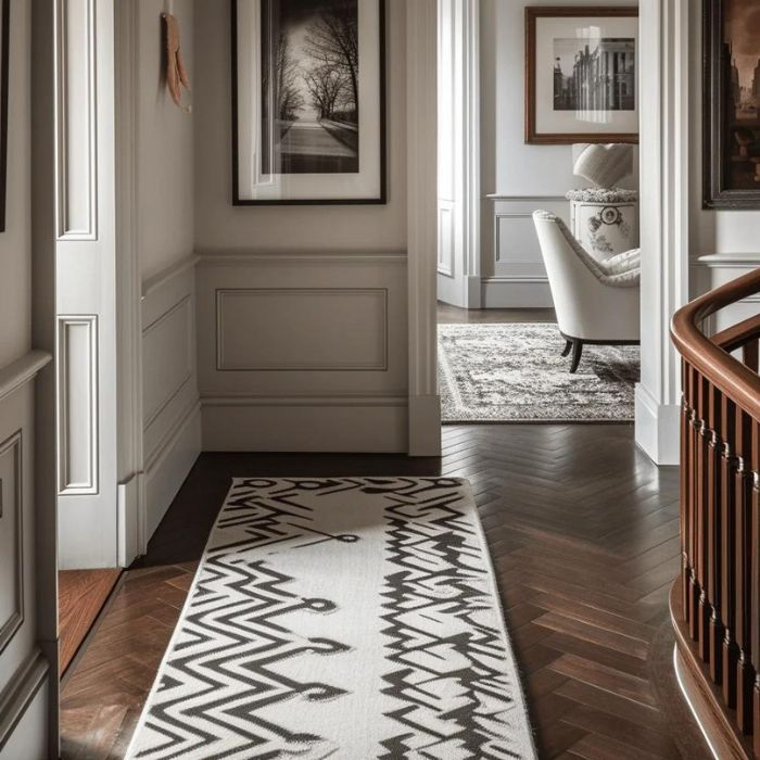 White hallway design with rustic floor tiles