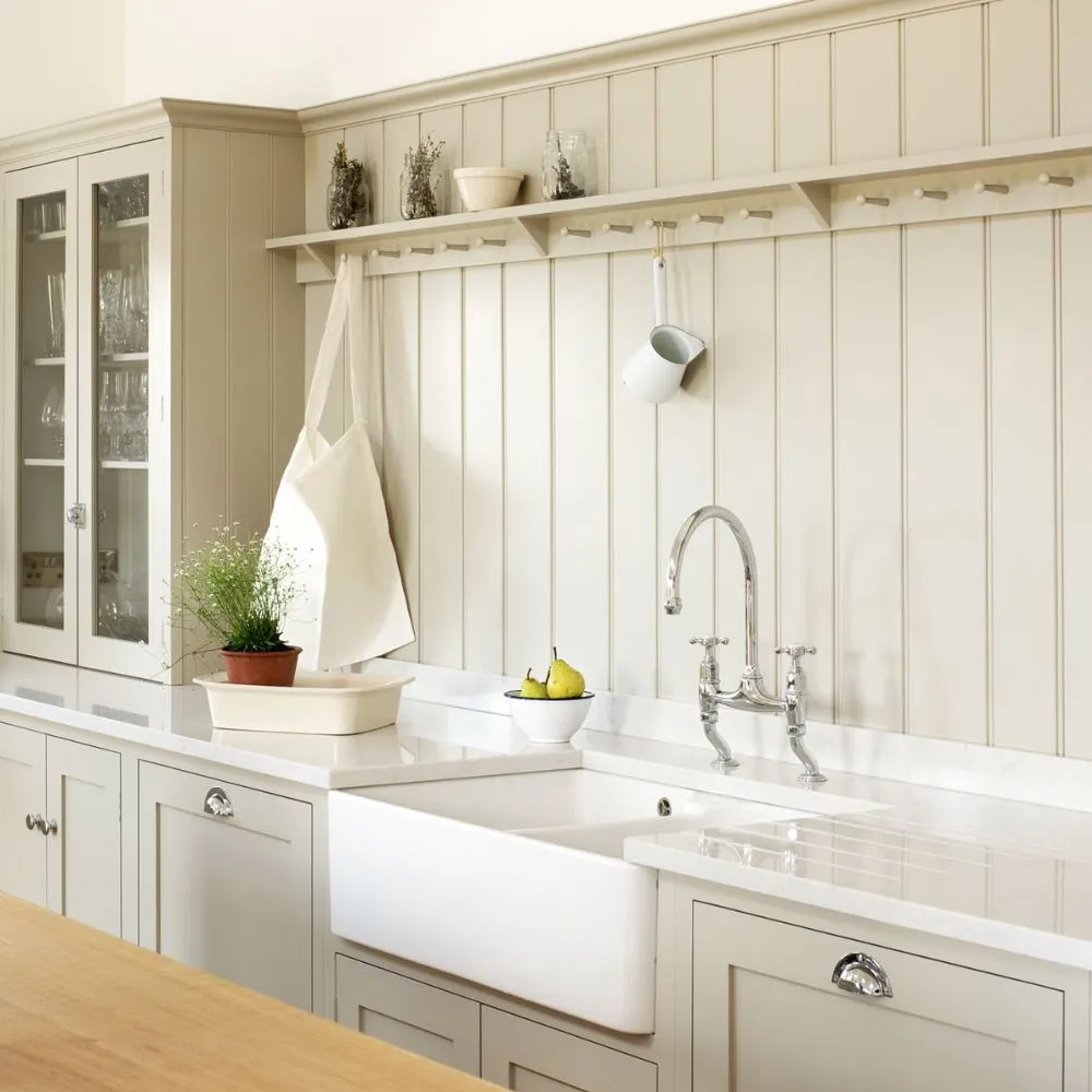 White kitchen with classic beadboard backsplash