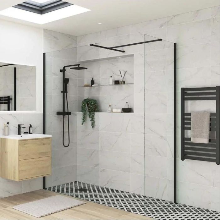 Stylish black and white bathroom under a skylight