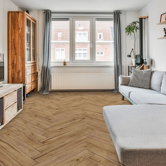 Modern living room showcasing rich wooden floors paired with a plush couch