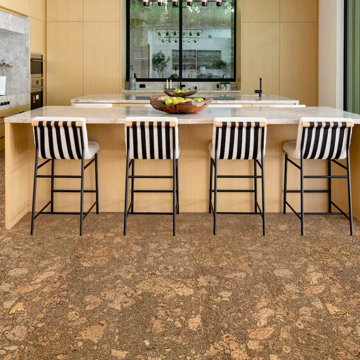 Cork flooring in a sleek kitchen, blending functionality with eco-friendly aesthetics