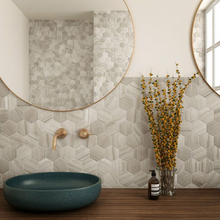 A modern bathroom accented by stylish hexagon wall tiles. 