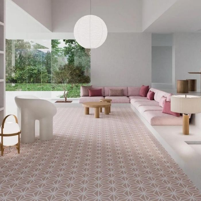 Living room with light pink patterned floor tiles and modern furniture