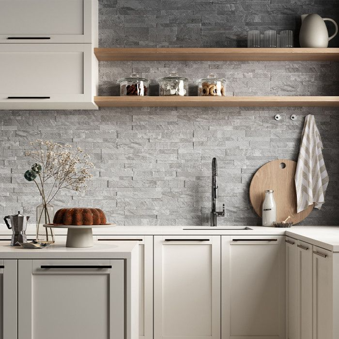 White and grey tile backsplash in modern kitchen