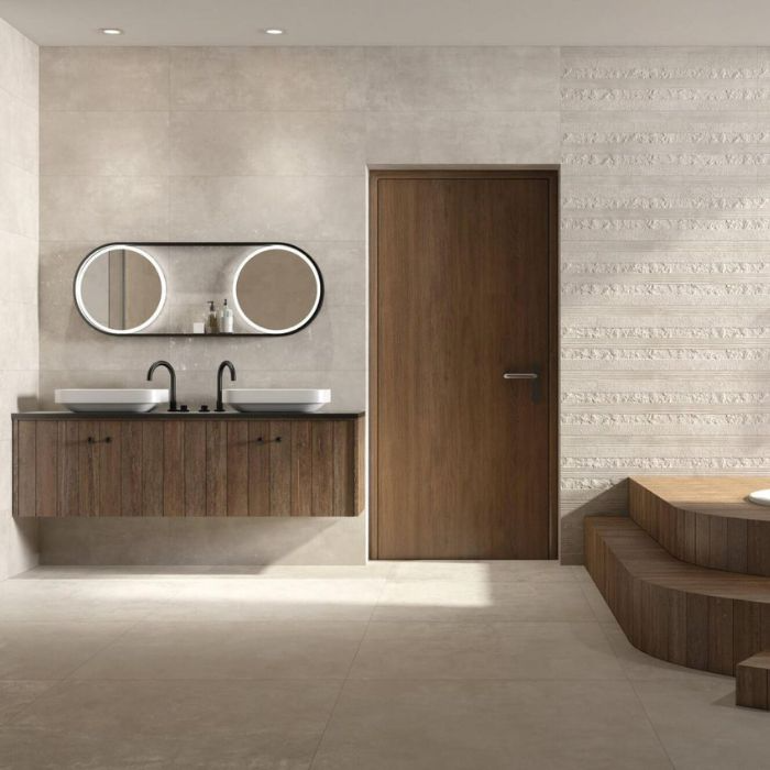 Contemporary bathroom interior featuring elegant wooden flooring