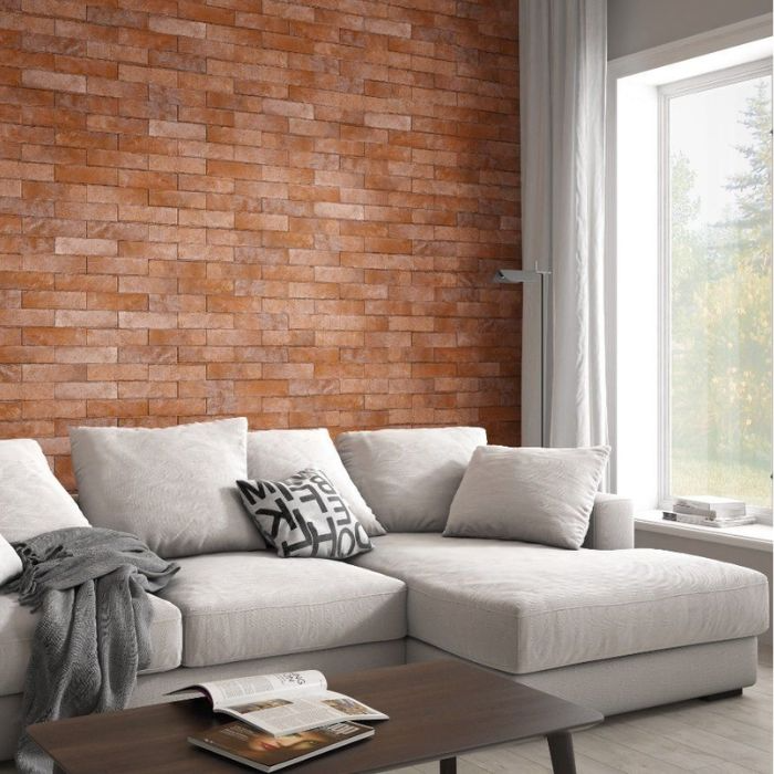 Inviting space with a textured brick wall, perfect for a contemporary yet homely atmosphere