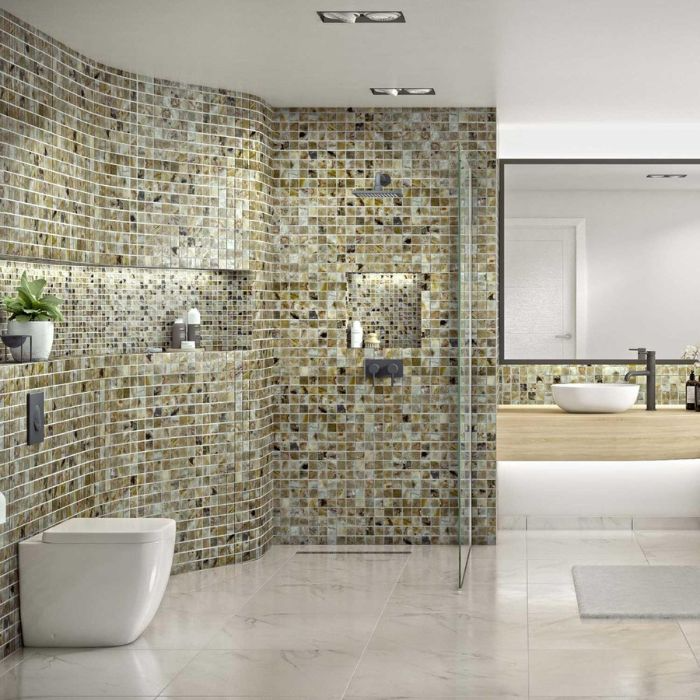 Clean and elegant bathroom design featuring mosaic wall tiling