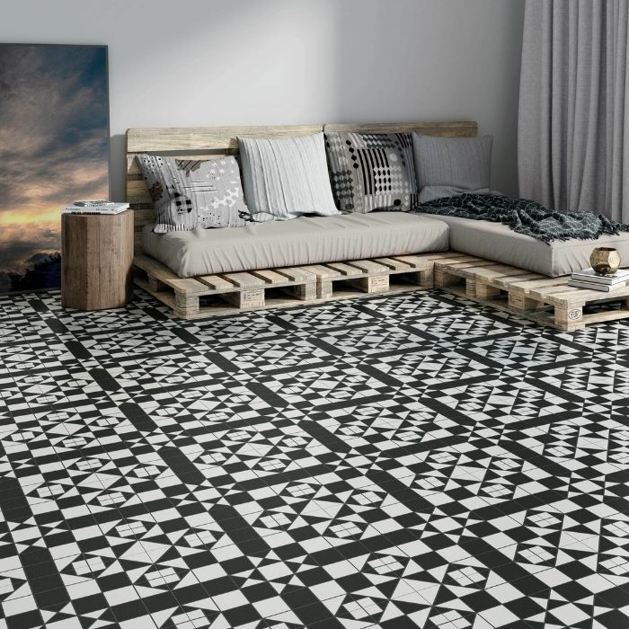 Living room with black and white geometric patterned floor tiles