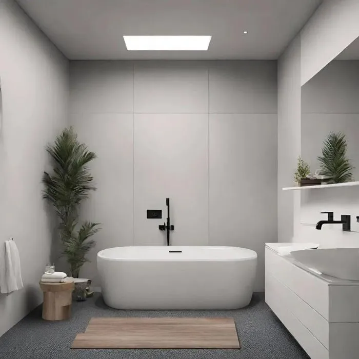 Bright modern bathroom with white tub and sink and grey tiles