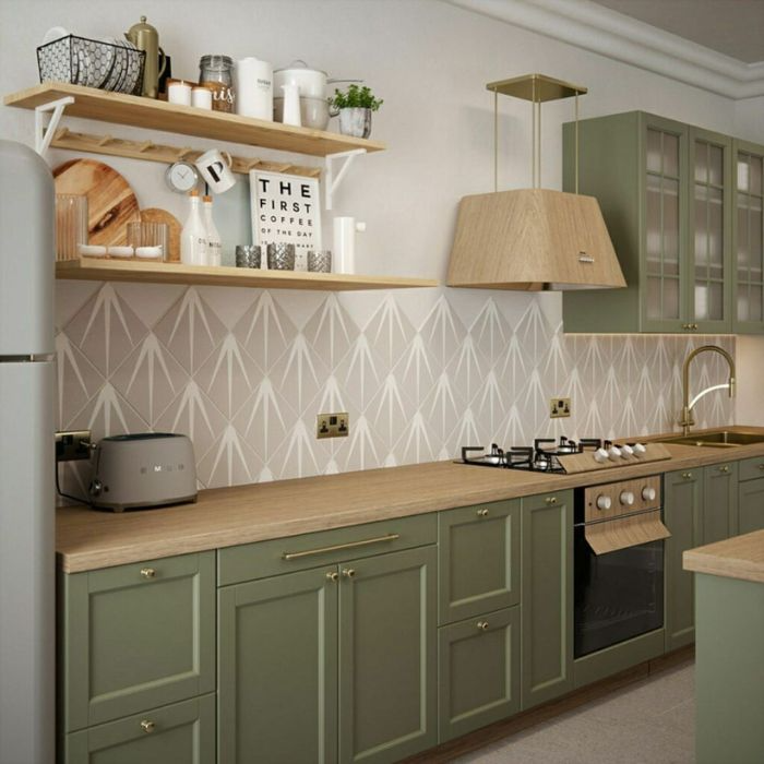 Contemporary kitchen design with green cabinets and a tiled splashback