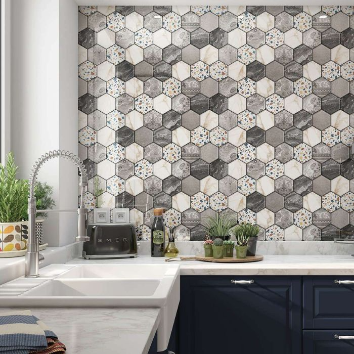 Stylish kitchen with black and white hexagonal tiling