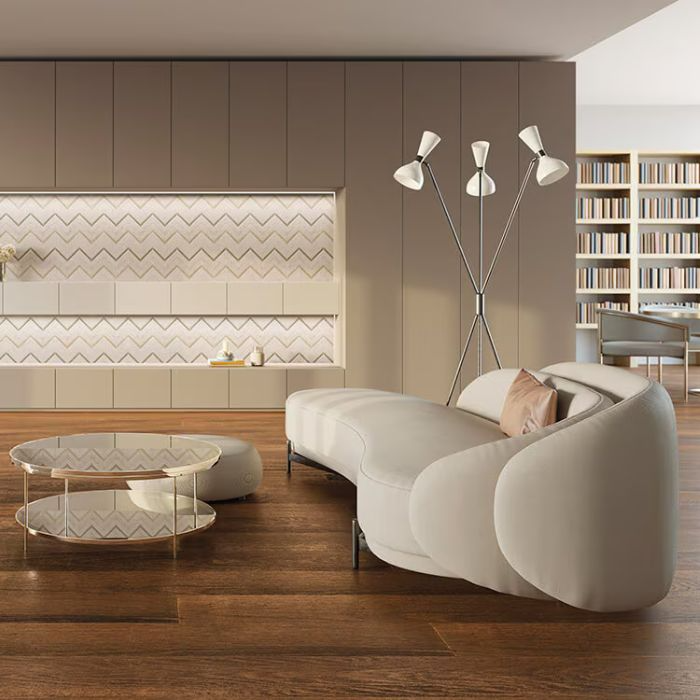 Stylish modern living room with white furniture on wooden floor