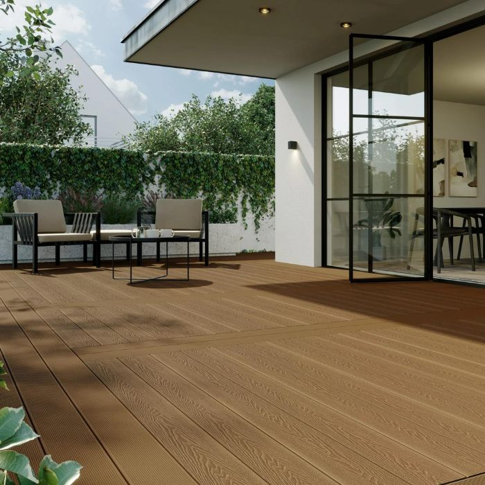 A scenic outdoor dining area on a wooden deck, featuring a matching table and chairs