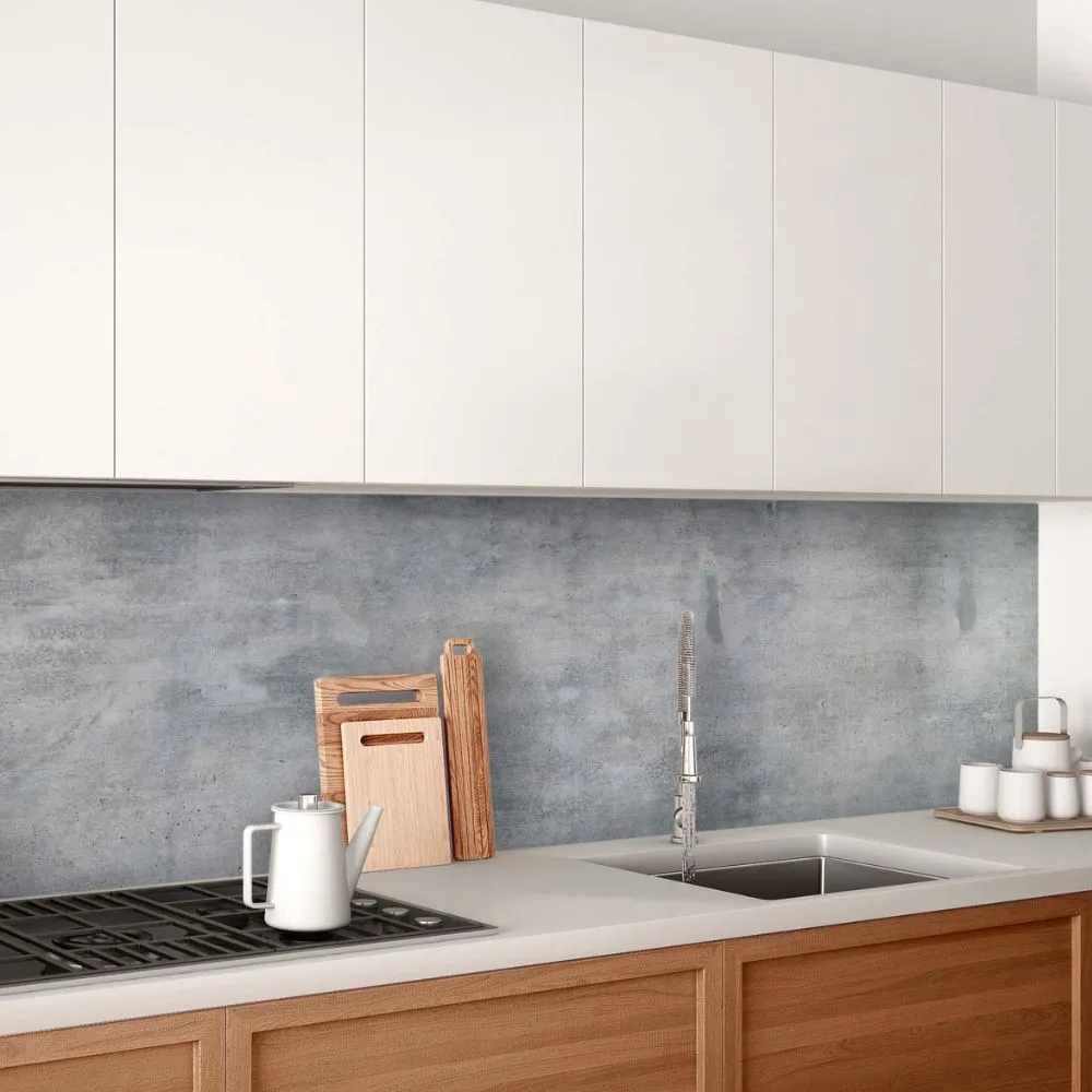 Minimalistic white kitchen with concrete alternative kitchen tile backsplash