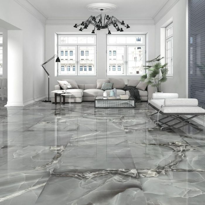 Elegant living room with grey marble floor