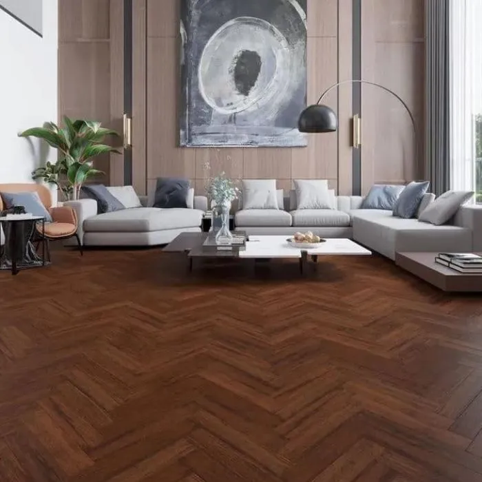 Cozy living room with bamboo tiles and a striking painting as the focal point