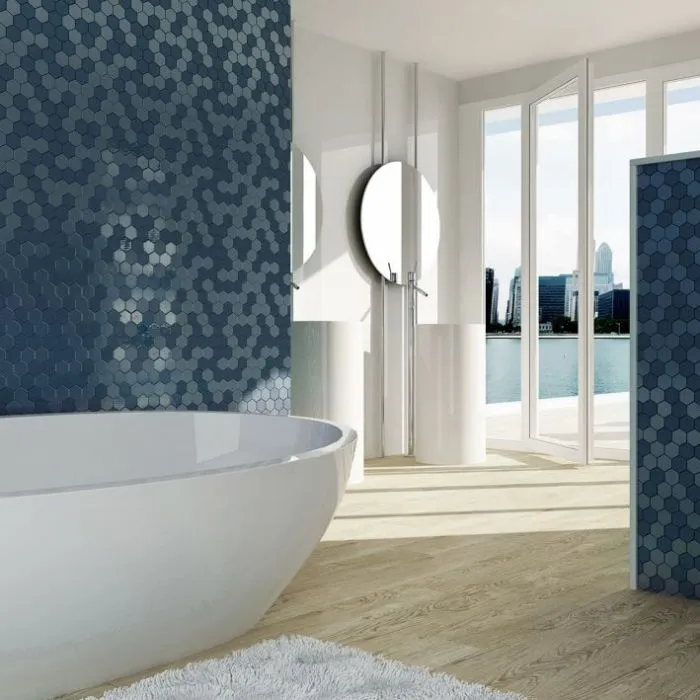 Modern bathroom with vibrant blue tiles