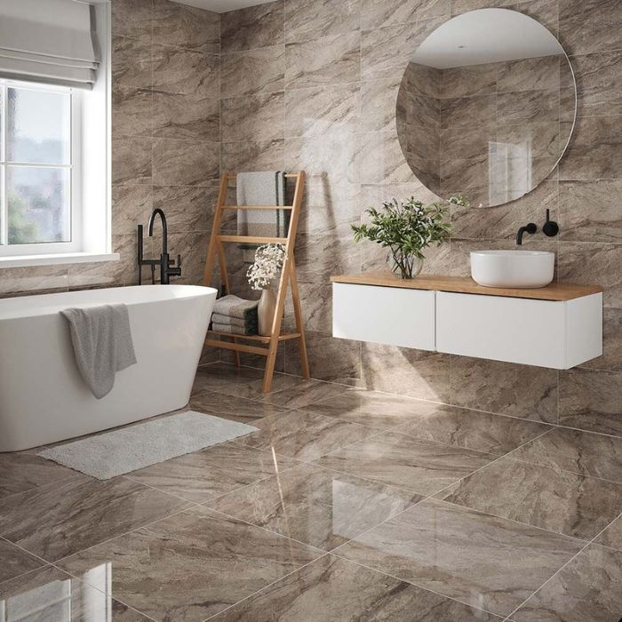 Contemporary bathroom setting with a sleek marble floor design