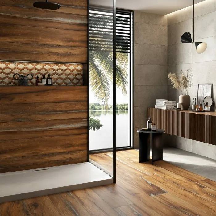 Stylish modern bathroom with wood-effect floor tiles