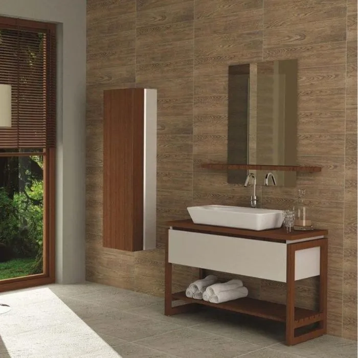 Elegant bathroom with Nordic dark brown wood-effect wall tiles