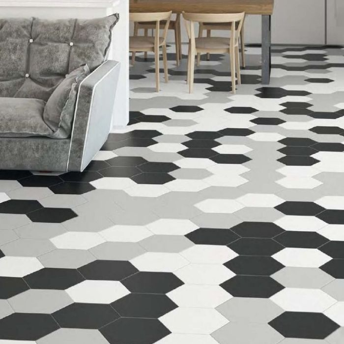 Living room with black, white, and grey hexagon floor tiles