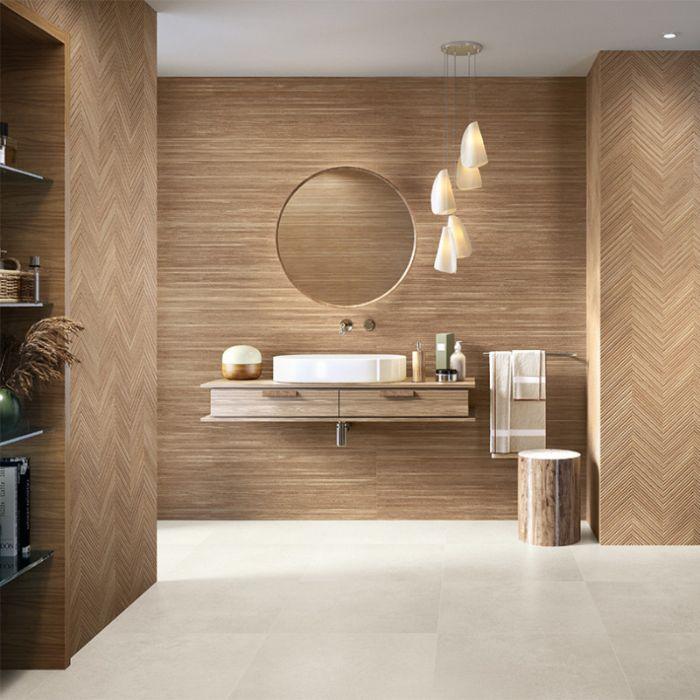 Tranquil bathroom atmosphere with elegant wooden surfaces throughout